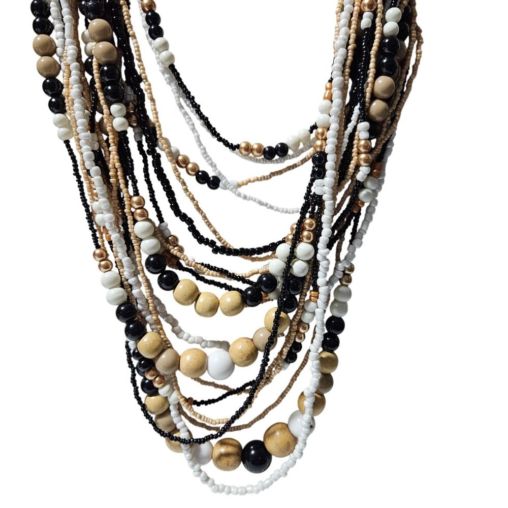 Multi Layer Beaded Necklace By Napier With Black White Gold & Tan Beads